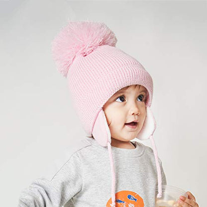 Baby Toddler Beanie Earflap Winter Hat Fleece Lined Knit Cap Girls Boy - color: Pink, size: 1-2T