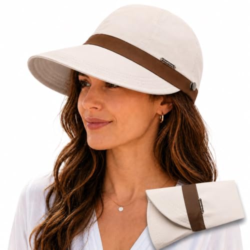 UPF 50+ Foldable Packable Wide Brim Sun Hat for Women with Ponytail Hole - color: Beige-brown