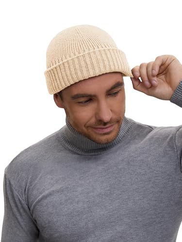 Wool Short Fisherman Beanie for Men Women Double Cuffed Skull Caps - color: 1pcs-apricot