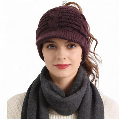 Women's BeanieTail Warm Knit Hat Messy High Bun Ponytail Visor Beanie Cap - color: B340-purple, size: Medium