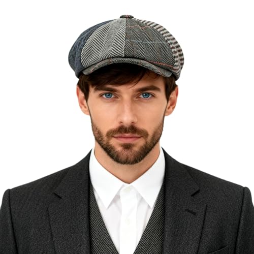 Men's Faux Woolen Tweed Plaid Ivy Cabbie Gatsby Newsboy Golf Paperboy Hat Cap - color: 878grey