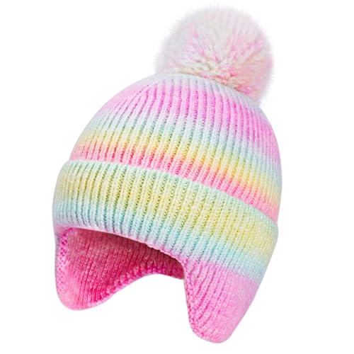 Girls Beanie Knit Hat with Ear Flaps Rainbow Cat Hats Toddler Kids Winter Outdoor Skull Snow Ski Cap Age 2-10 - color: Rainbow, size: 5-10 Years