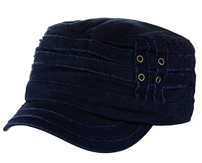 D&Y Unisex 100% Cotton Military Cadet Hat - Distressed Frayed Flat Top Cap - Adjustable Everyday Patrol Hat - color: Navy