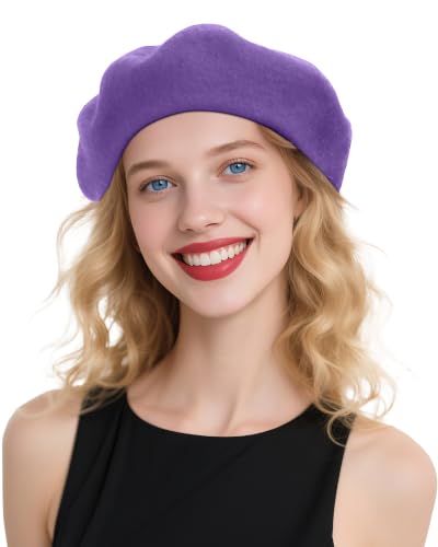 French Beret Hats for Women - Wool Solid Color Beanie Cap - color: Grape Purple