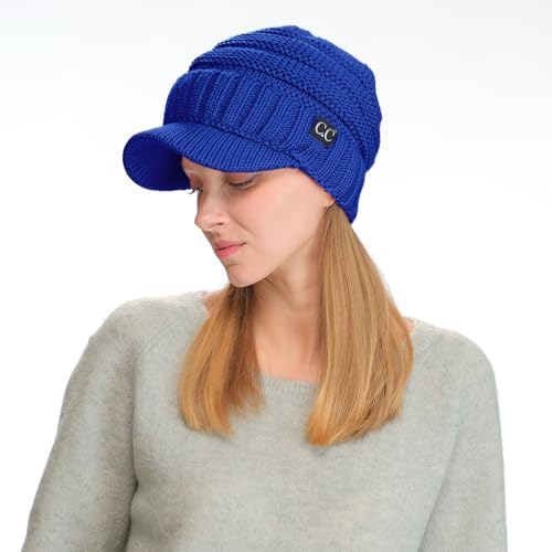 C.C Trendy Warm Oversized Chunky Soft Oversized Ribbed Slouchy Knit Hat with Visor Brim - color: Royal Blue