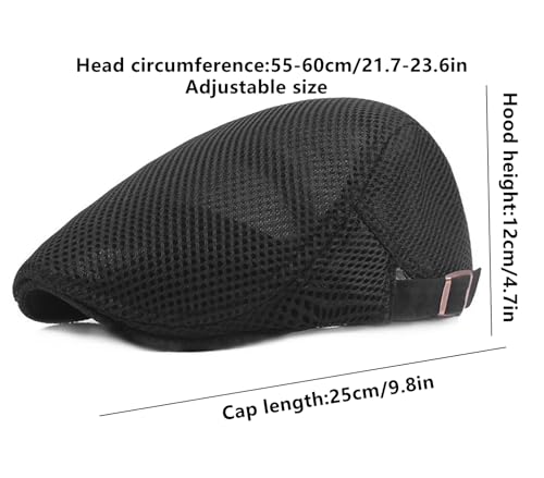 DIYDECAL Mens Breathable Mesh Summer Hat Adjustable Newsboy Beret Ivy Cap Cabbie Flat Cap - color: Black