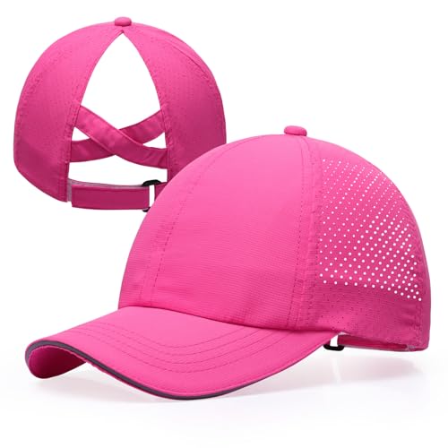Girls Criss Cross Ponytail Hat Mesh Baseball Cap Kids Quick Dry Ponycap Hats Outdoor Summer Sports Hat Age 7-12 - color: Mesh-rose Red