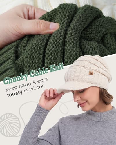 Women Men Winter Beanie Hat with Visor, Warm Fleece Lined Beanie Cap, Thick Knit Cap Slouchy Hat with Brim - color: Dark Green