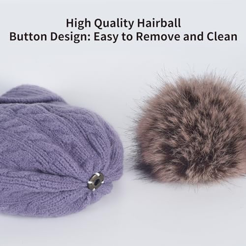 Winter Hat Scarf Gloves Set for Women, Classic Cable Beanie with Removable Pom Pom Long Scarf Touchscreen Gloves 3 in 1 Set - color: Purple