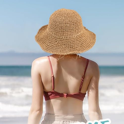 Womens Floppy Straw Sun Hat Packable Wide Brim Summer Beach Hat Foldable Crochet Bucket Hats - color: Khaki 1