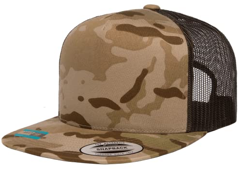 Yupoong 5-Panel YP Classic Trucker Cap | High Profile Flat Visor Snapback - color: Multicam Arid Brown