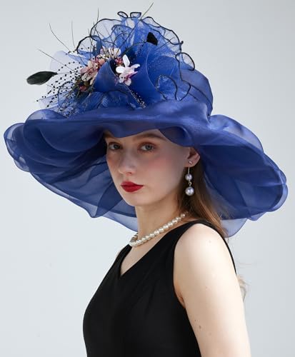 Women Organza Derby Hat Fascinator Tea Party Wedding Church Derby Hat Fascinator Hats Dual-use - color: 02d Navy Blue