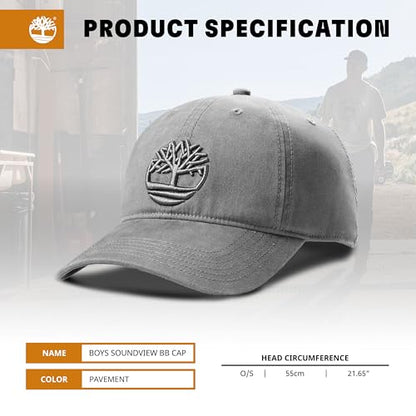 Timberland Soundview Baseball Cap for Boys 7-14, Cotton Canvas, Adjustable, Lightweight & Durable, One Size - color: Pavement (Grey)
