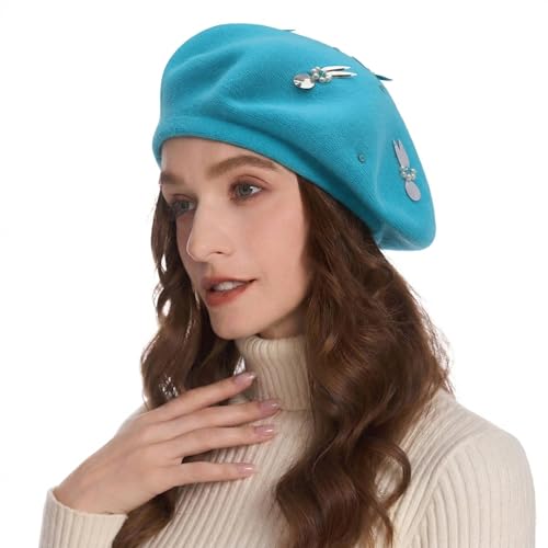 ZLYC Women French Beret Hat Reversible Knit Thickened Warm Artist Cap - color: Paillettes Bunny Blue