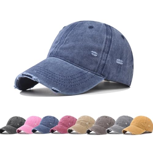 YuMENo Distressed Baseball Cap for Women Men Vintage Washed Cotton Low Profile Adjustable Dad Hats - color: Navy Blue