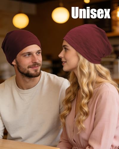 100% Cotton Thin Summer Slouchy Beanie Hat for Women Men Chemo Cap - color: 1pc Wine Red, size: Medium