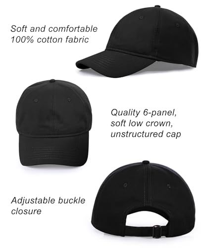 Oversize XL XXL Baseball Cap for Men Big Heads, Large Cotton Baseball Hat, Unstructured Plain Dad Cap Adjustable 23.5"-26" - color: Black