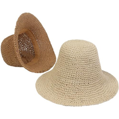 Women Straw Sun Hat Summer Beach Hats Foldable Floppy Cap Wide Brim Bucket Hat Solid Handmade Sun Protection Caps - color: Beige-brim3.1"