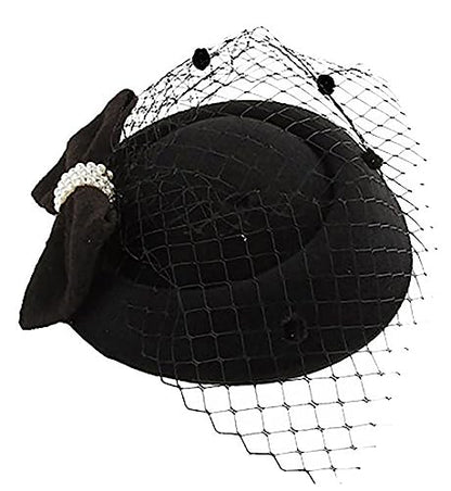 Fascinators Hats Pillbox Hat for Girl and Women - color: Black-fascinator With Bowknot Veil