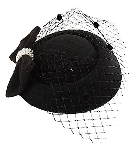 Fascinators Hats Pillbox Hat for Girl and Women - color: Black-fascinator With Bowknot Veil