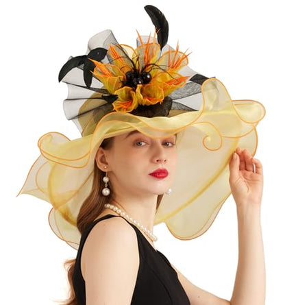Women Derby Church Hat Organza Flower Wedding Tea Party Fascinator Wide Brim Sun Hat - color: 10-yellow Orange