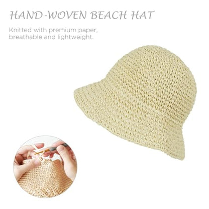 Floppy Straw Sun Hat Foldable Hand-Woven Crochet Straw Hats Outdoor Summer Beach Headwear for Women Girl Beige
