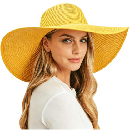 DRESHOW Big Straw Sun Hats for Women Floppy Foldable Roll up Beach Cap Sun Hat UPF 50+ Vacation Honeymoon Embroidered Hat - color: Medium Size: Yellow / Brim 5.5" (Head Circumference 22-22.8")