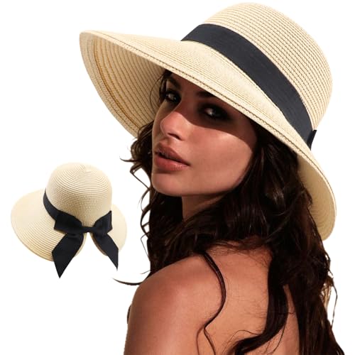 DRESHOW Sun Hats for Women Travel Fedora Foldable Beach Sun Hat Summer Wide Brim Straw Bucket Hat with Bowknot UPF 50+ - color: 1 Pack With Bowknot: Beige