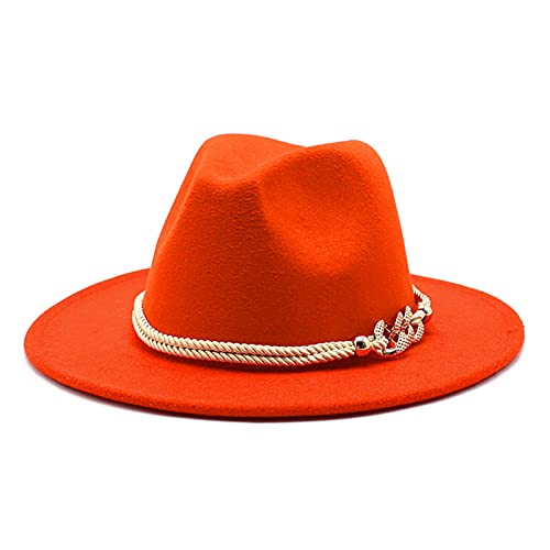 Lady Wide Brim Felt Fedora Panama Hat with Ring Belt - color: Orange, size: Medium