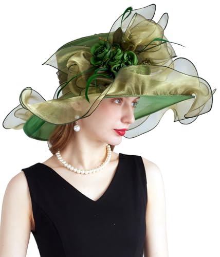 Women Organza Derby Hat Fascinator Tea Party Wedding Church Derby Hat Fascinator Hats Dual-use - color: 02f Green