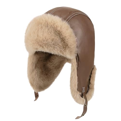 Winter Trapper Hat for Men & Women - Leather with Ear Flaps, Waterproof Windproof Hat, Fleece Lined Beanie for Cold Weather - color: Khaki
