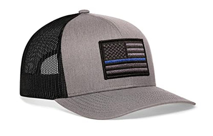 HAKA American Flag Hat | USA Mesh Trucker Snapback Comfort Baseball Cap - color: Gray & Black, style: Thin Blue Line (Grey Stripes)