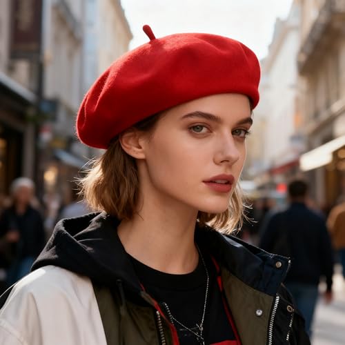 Women Beret Classic French Hat - Elegent Black Wool Beret for Party Romantic French Themed Fancy Dress(Size:S/M) - color: Red