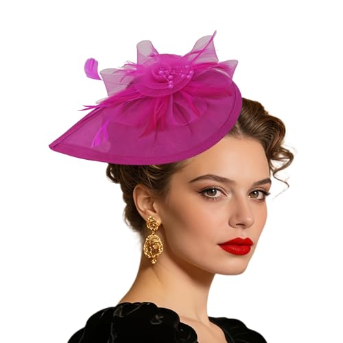 Women Vintage Fascinator Hat Flower Feather Mesh Headband Clip Pillbox Headwear for Wedding Tea Party - color: 02 Rose Red