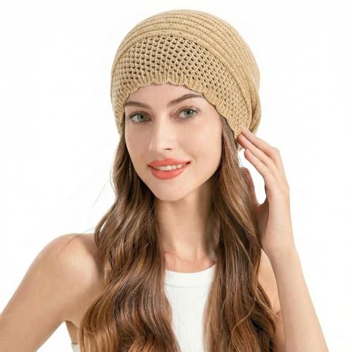 ZLYC Crochet Slouchy Beanie for Women Soft Lightweight Skull Cap - color: Plain Macadamia Beige