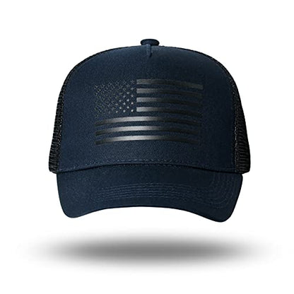 American Flag Trucker Hat - Snapback Hat, Baseball Cap for Men Women - Breathable Mesh Side, Adjustable Fit - for Casual Wear - color: Navy/Black