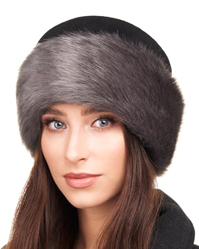 Futrzane Faux Fur Trim Hat for Women - color: Black - Grey Short, size: Medium