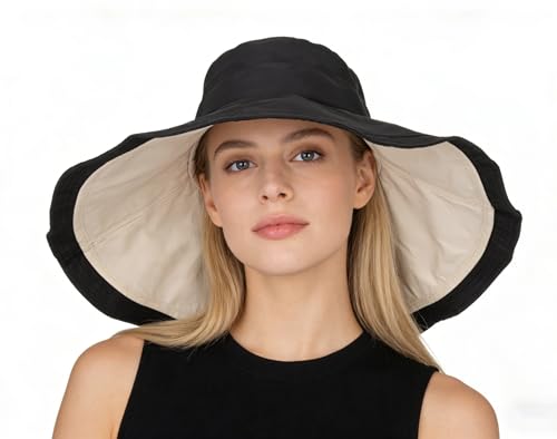 Women's Large Brim Reversible Sun Hats Packable Foldable UV Protection Bucket Hat Metal Wired Edge