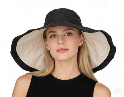 Women's Large Brim Reversible Sun Hats Packable Foldable UV Protection Bucket Hat Metal Wired Edge