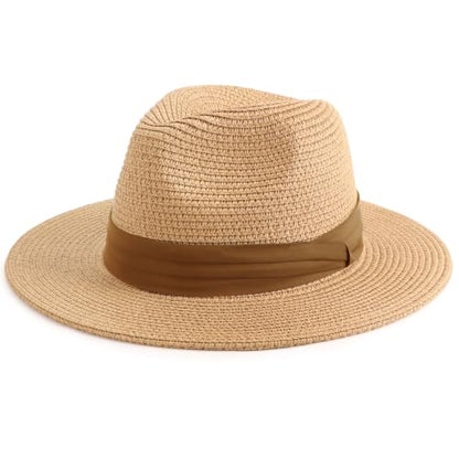 DRESHOW Women Straw Panama Hat Travel Fedora Beach Sun Hat Summer Wide Brim Straw Roll up Hats UPF 50+ - color: Fedora Hat: Khaki (Brown Ribbon)
