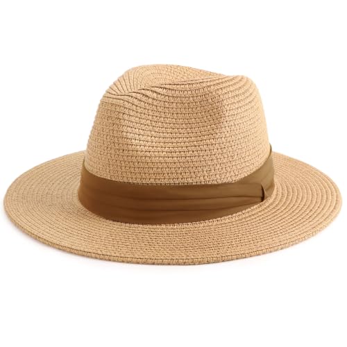 DRESHOW Women Straw Panama Hat Travel Fedora Beach Sun Hat Summer Wide Brim Straw Roll up Hats UPF 50+ - color: Fedora Hat: Khaki (Brown Ribbon)