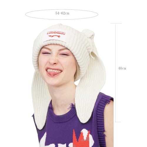 Knitted Beanie Hat Cute Rabbit Long Ears Fun Caps Fluffy Winter Warm Knitted Rabbit Hats Outdoor Slotty Cap - color: Whitew