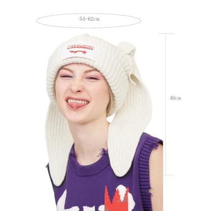 Knitted Beanie Hat Cute Rabbit Long Ears Fun Caps Fluffy Winter Warm Knitted Rabbit Hats Outdoor Slotty Cap - color: Whitew