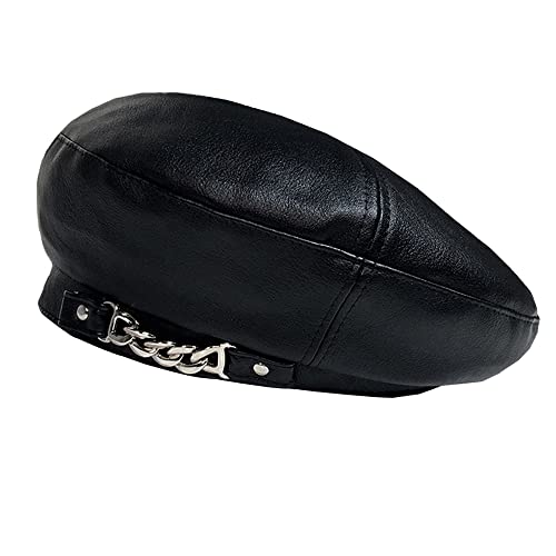 Women's PU Leather French Artist Beret Cap - color: Black