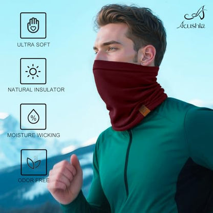 ACUSHLA 100% Merino Wool Neck Gaiter Men Women Winter Ski Face Mask Scarf - color: Crimson 219