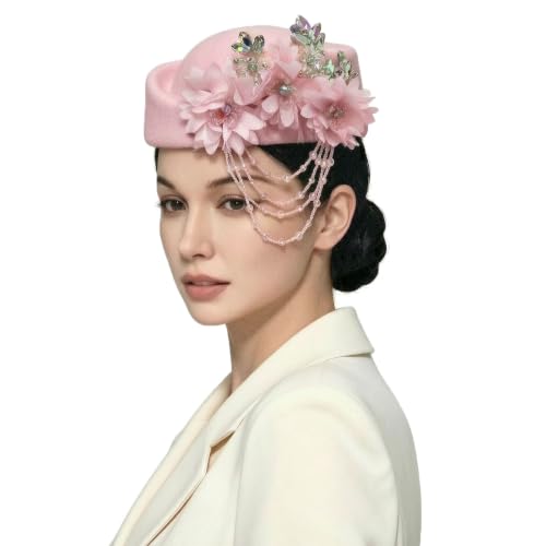 Women's Retro British Felt Headscarf Hat Church Derby Headdress with Floral Women's Soft Beret - color: 02 Light Pink