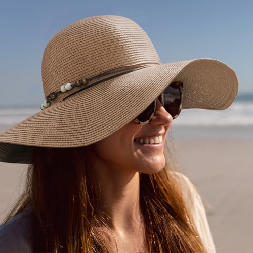Womens Floppy Straw Sun Hat Wide Brim UPF 50 Sun Protection Packable Summer Beach Hats with Wind Lanyard - color: Khaki, size: Medium