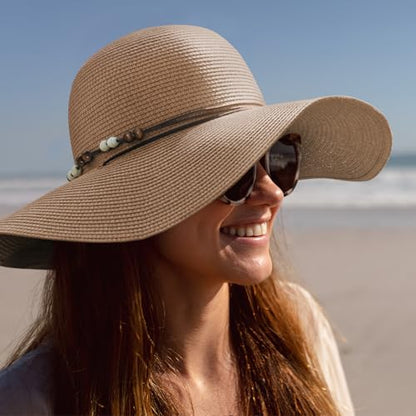 Womens Floppy Straw Sun Hat Wide Brim UPF 50 Sun Protection Packable Summer Beach Hats with Wind Lanyard - color: Khaki, size: Medium