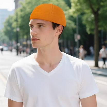 2 Pcs Mens Brimless Docker Cap Set - Retro Worker Sailor Skull Cap Beanie with Rolled Cuff - color: Yellow