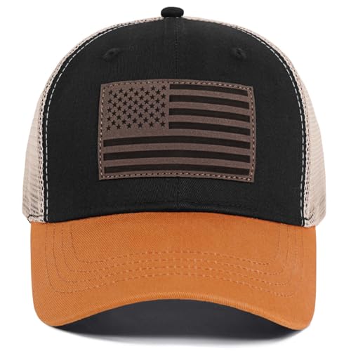 American Flag Trucker Hat - Snapback Hats for Men Women Baseball Cap - Breathable Mesh & Adjustable Fit for Casual Wear - color: Black Yellow